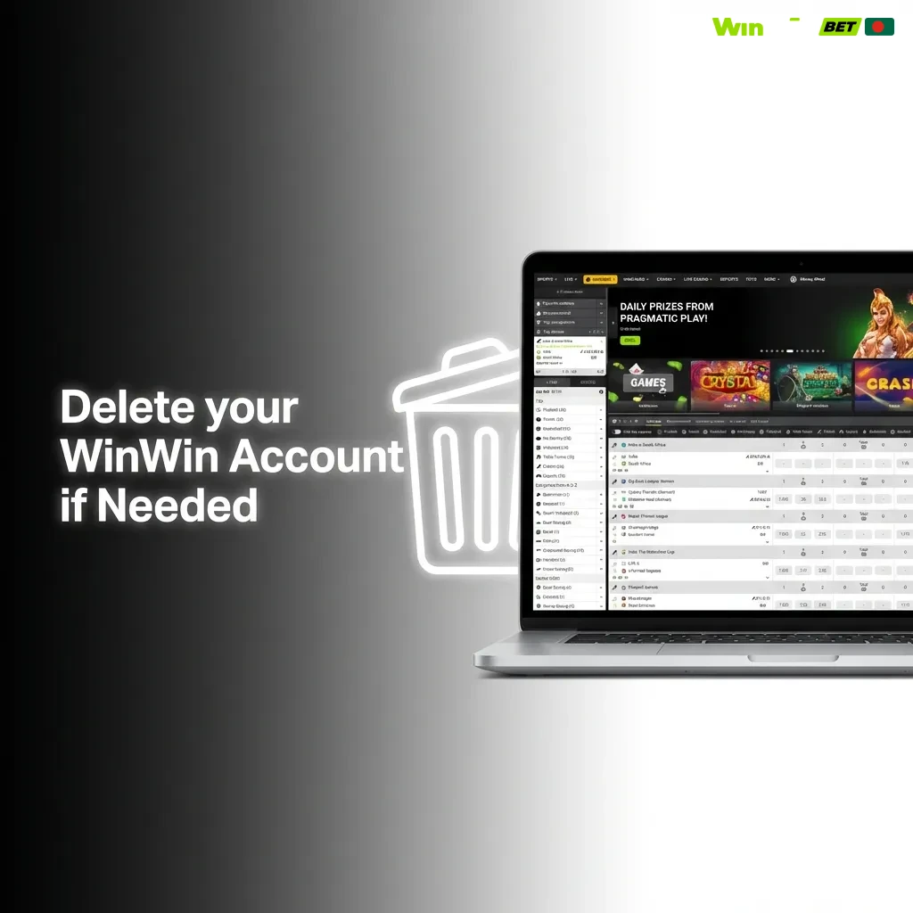 WinWin account deletion process showing steps to close gambling account through settings menu