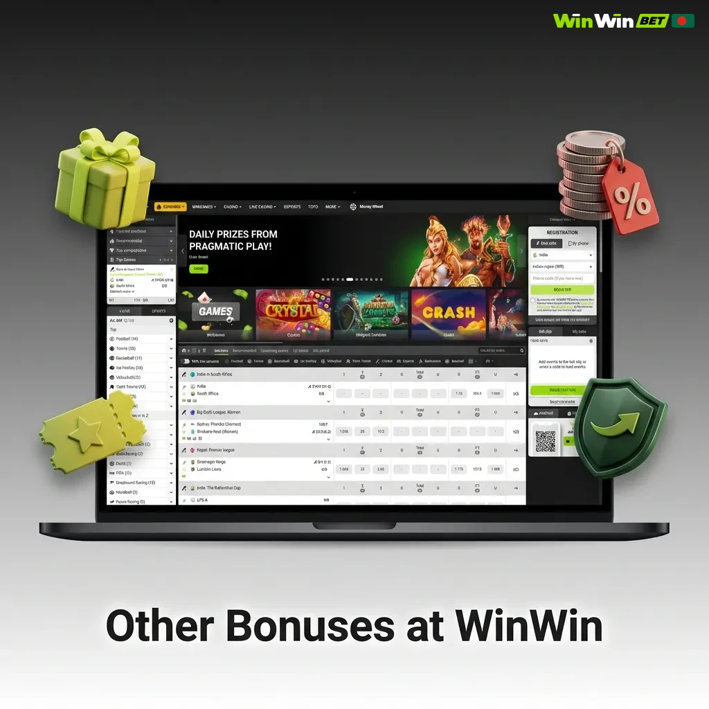 WinWin casino promotions including reload bonuses, cashback, free bets, loyalty program, tournaments, and referral rewards