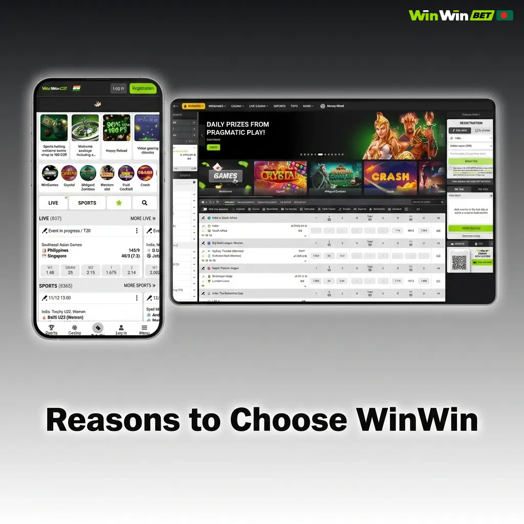 WinWin gaming platform logo showing licensed casino with crypto payments, mobile app, and 24/7 support in Bangladesh