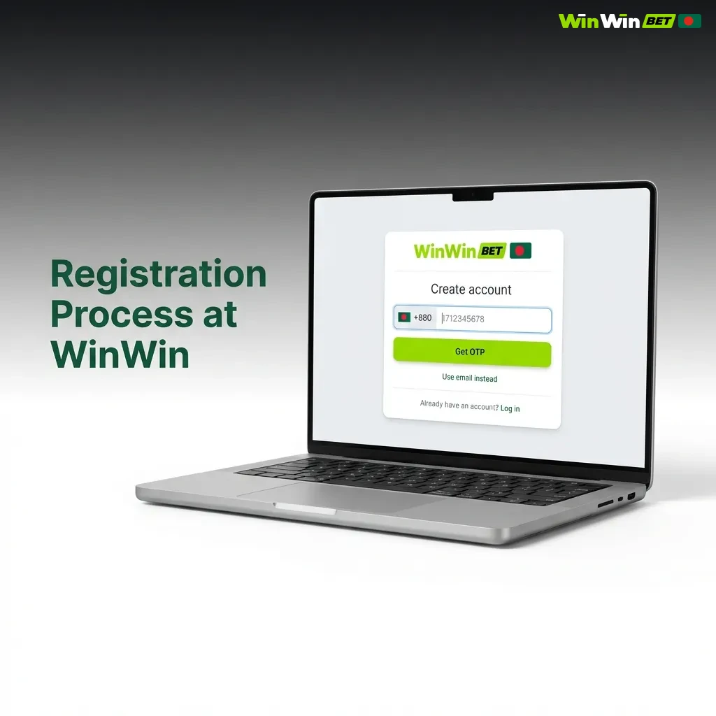 Step-by-step WinWin registration process showing sign-up button, registration methods, details entry, terms agreement, and completion