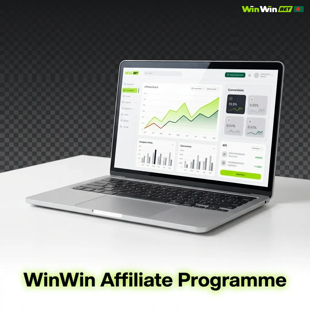 WinWin Affiliate Programme dashboard showing commission tracking, promotional tools, and revenue share for referring players