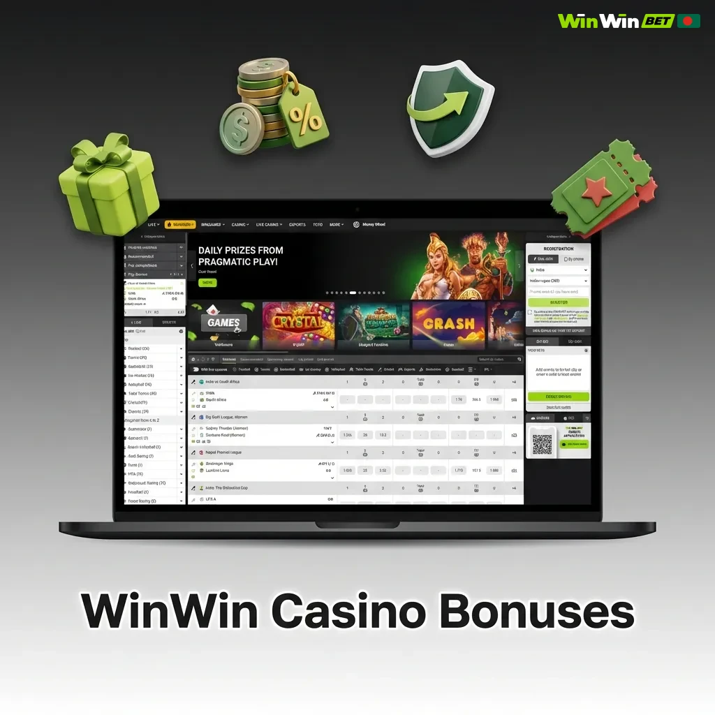 WinWin Casino bonuses including reload offers, cashback, free spins, live casino promotions, and monthly tournaments.