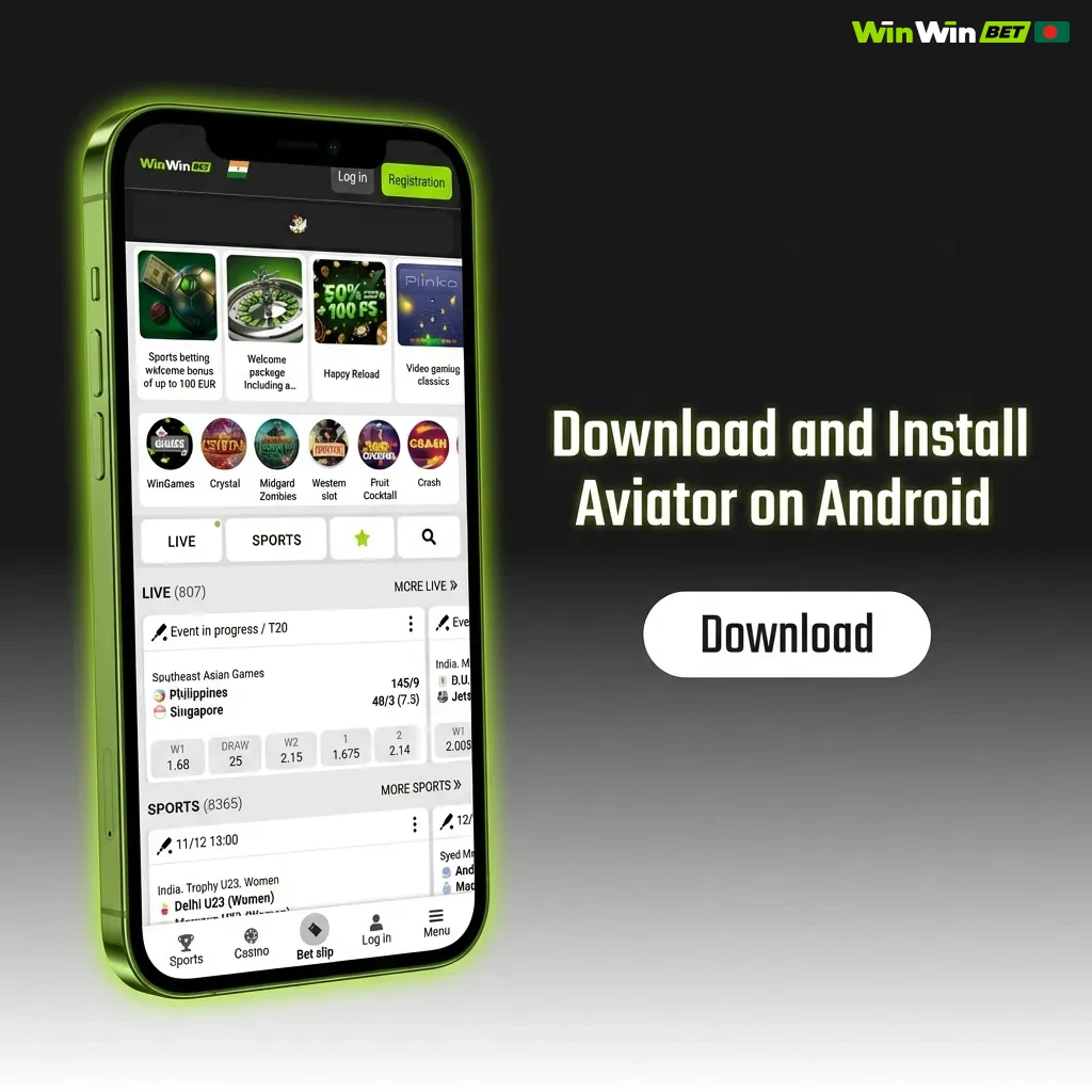 Android phone displaying Aviator app installation screen with download button and APK file icon