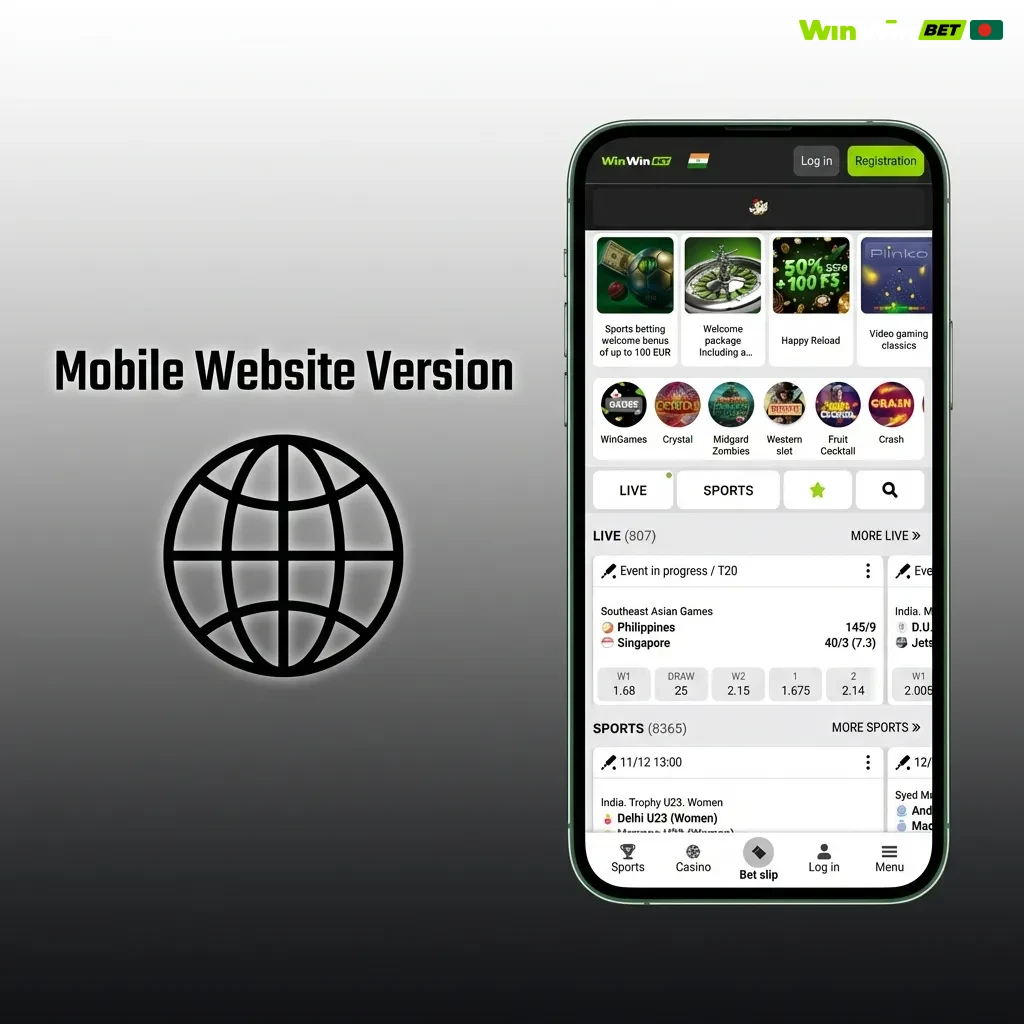 WinWin mobile website shown on smartphone screen with touch-optimized betting interface and browser navigation