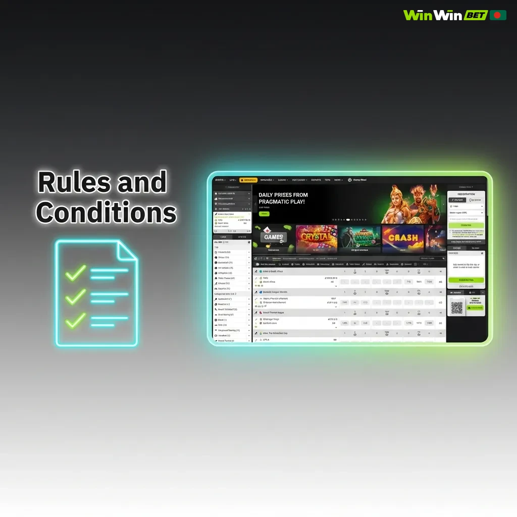 Terms and conditions page showing player rules, age restrictions, account limits, bonus requirements, and withdrawal policies.