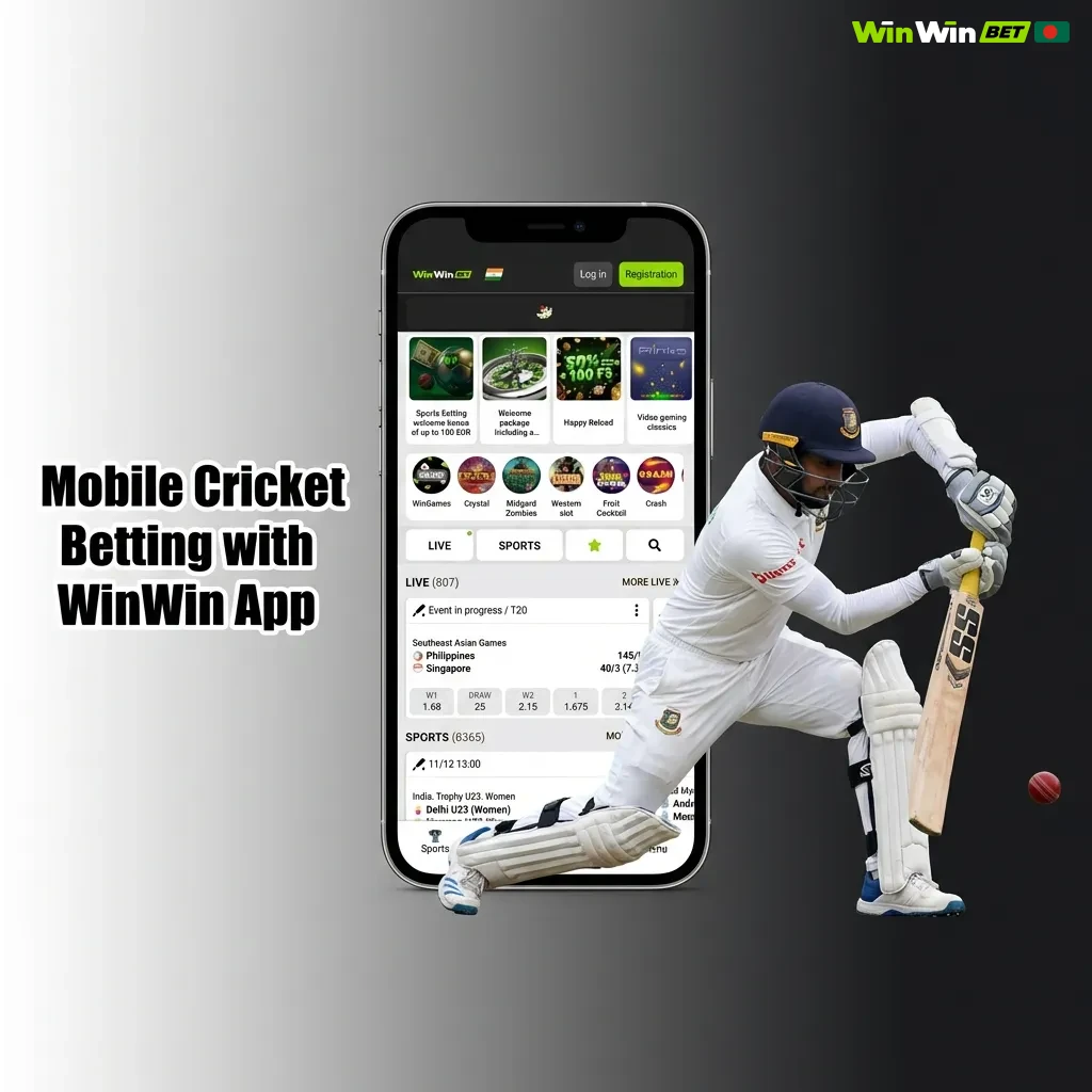Mobile phone displaying WinWin cricket betting app interface with live odds and bet placement options